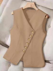 GlowEve CURVE Plus Size Women's Solid Color Single-Breasted Casual/Work Vest - Khaki - View 1