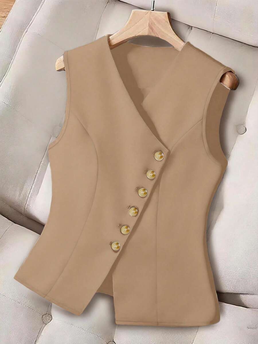 GlowEve CURVE Plus Size Women's Solid Color Single-Breasted Casual/Work Vest - Khaki - View 1