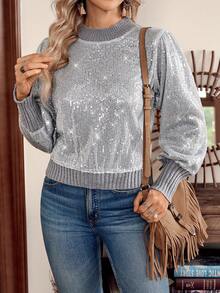 SHEIN LilyWest Áo len nữ màu trơn tay phồng đính sequin thời trang dự tiệc - Xám - Xem 4