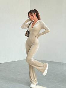 SHEIN EZwear 女士休闲杏色丝绒连帽连体裤，春季，女士春夏装，女士春季套装 - 杏色 - 查看 3
