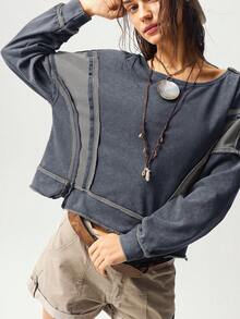 Bohemela Sweatshirt Wanita Lengan Panjang Berkerudung Longgar Model Crop Warna Polos Gaya BOHO Kasual untuk Musim Gugur/Dingin - Grey - View 4