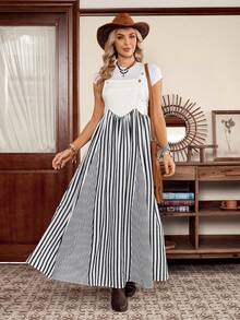 Women's Western Casual White Denim Effect Patchwork Black & White Striped Adjustable Strap Dress, LanaWest - White - View 6
