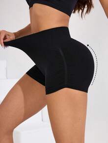 Easithlete 女士高腰提臀罗纹瑜伽短裤 - 收腹、高弹、防走光、运动短裤 - 黑色 - 查看 3