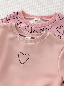 Cozy Pixies 2件套女婴爱心图案针织柔软圆领长袖套头卫衣，适合情人节穿着 - 藕粉色 - 查看 4