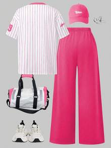 Sparklyn Bộ 2 món đồ thời trang giản dị & thời trang cho bé gái tuổi teen Áo thun tay ngắn cổ chữ V họa tiết số và quần dài ống rộng - Nhiều màu - Xem 2