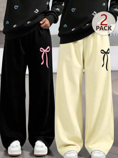 SHEIN Sparklyn 2 piezas Pantalones de chándal holgados de pierna ancha con diseño de cintura contrastante y estampado gráfico para niñas de talla grande, de uso versátil y casual, para otoño/invierno