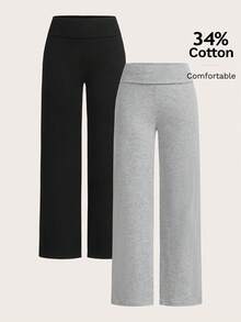 SHEIN EZwear 2 chiếc quần ống rộng cạp cao đơn giản cho nữ, thích hợp cho mùa hè - Nhiều màu - Xem 10