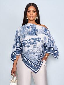 SOLERSUN Women's Autumn Winter Casual Elegant Apricot Patterned Asymmetric Neck Long Sleeve Asymmetrical Hem Blouse Oblique Shoulder Split Sleeve Loose Fashionable Shirt Vintage Sunset Holiday Print Batwing Sleeve Tops New Arrival Versatile ,Fall Outfits Winter Clothing,Daily Commuting,Going Out - Navy Blue - View 1