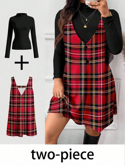 SHEIN Frenchy Casual Plaid Print Sleeveless Dress & Solid Color Long Sleeve T-Shirt 2 Piece Set, Plus Size/Winter Plaid Mini Dress Plaid Dress Women
