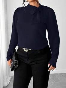 Elenzga 大码女式休闲系带纯色衬衫 - 藏蓝色 - 查看 4