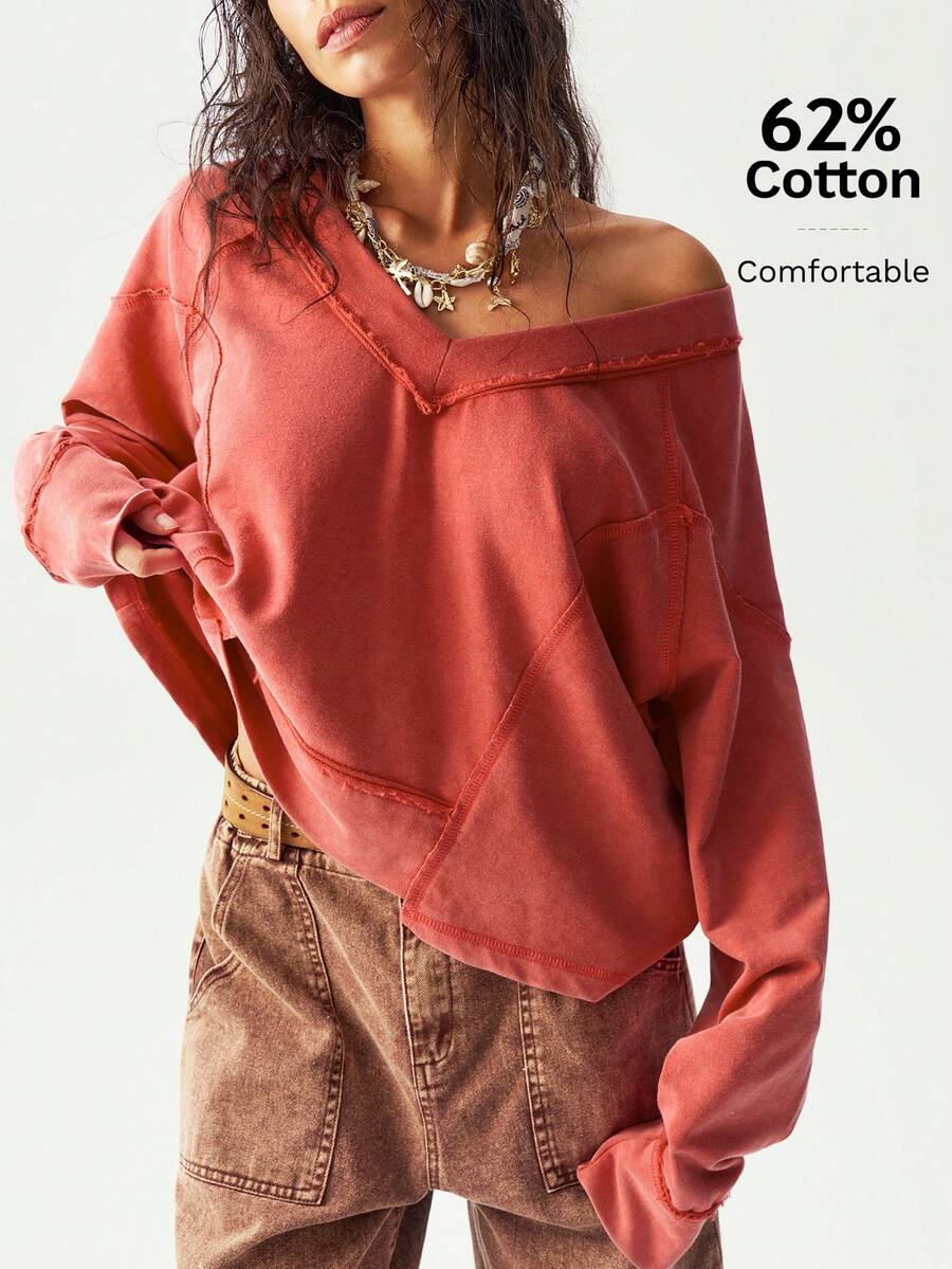 Bohemela Casual Solid Color V-Neck Long Sleeve Loose Sweatshirt For Women In Fall/Winter