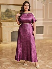 Reflora Plus Size Women's Elegant Dark Purple Satin Dress,Winter Formal Patchwork Ribbon Trim Hollow Out Design,Modest Party Wedding Guest Long Midi Dress - Purple - View 8