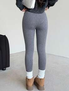 SHEIN Quần legging yoga dài, dáng ôm, thoải mái, màu trơn, lót giữ nhiệt, dành cho bé gái tuổi teen. - Màu xanh hải quân - Xem 2