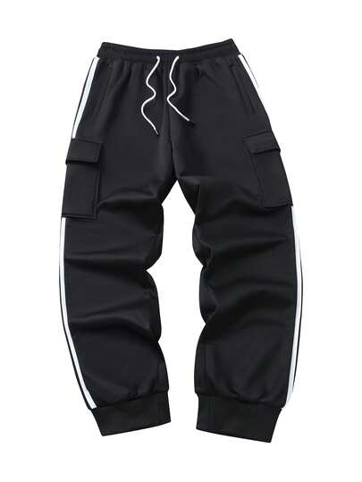 Manfinity EZcore Men's Casual Fashion Street Drawstring Waist Flap Pocket Contrast Striped Side Elastic Cuff Cargo Pants