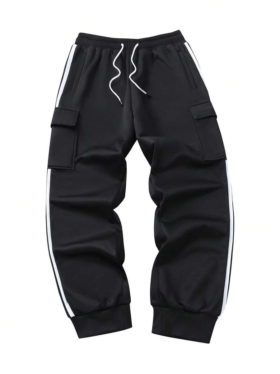 Manfinity EZcore Men's Casual Fashion Street Drawstring Waist Flap Pocket Contrast Striped Side Elastic Cuff Cargo Pants - Black - View 1