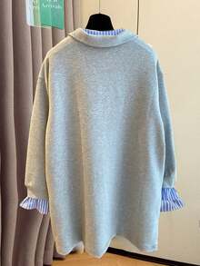 Resyla Women's Striped Patchwork 2 In 1 Thermal Lined Casual Sweatshirt - Grey - View 2