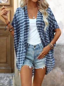 Brillora Tie Dye Batwing Sleeve Kimono Summer - Blue and White - View 5