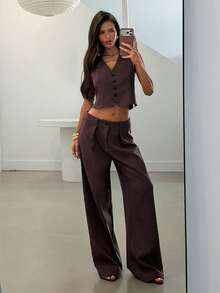 Aloruh Bộ vest công sở màu nâu đậm dành cho nữ, gồm áo vest và quần tây, kiểu dáng đơn giản. - màu nâu - Xem 5