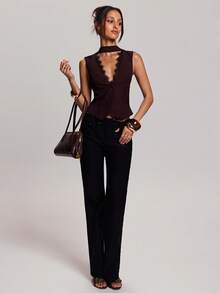 SHEIN BAE Spring Women's Casual Commuter Solid Red-Brown Collar Lace-Trimmed Collar Bow Tie Single-Button Elegant Vest Top Ideal For Casual Commuting, Everyday Wear, And Leisure Outings Stylish Vest Top Design Perfect For Valentine's Day Wear - Rust Brown - View 6