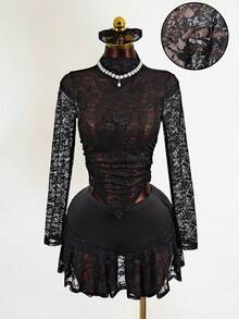 Mistrie Women's Summer Lace Slim Fit Irregular Hem Long Sleeved Round Neck See Through Sexy Black T-Shirt, Women's Summer Black Lace Skin Friendly Breathable Material, Side Seam Pleated Design, Irregular Hem Design. Women's Summer Top, Black Thin And Refreshing Lace Black Top, Women's Summer Matching,Beach For Women - Black - View 1