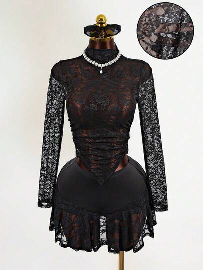 Mistrie 女士夏季蕾丝修身不规则下摆长袖圆领透视性感黑色T恤，女士夏季黑色蕾丝亲肤透气面料，侧缝褶皱设计，不规则下摆设计。女士夏季上衣，黑色薄款清爽蕾丝上衣，女士夏季搭配，女士沙滩装