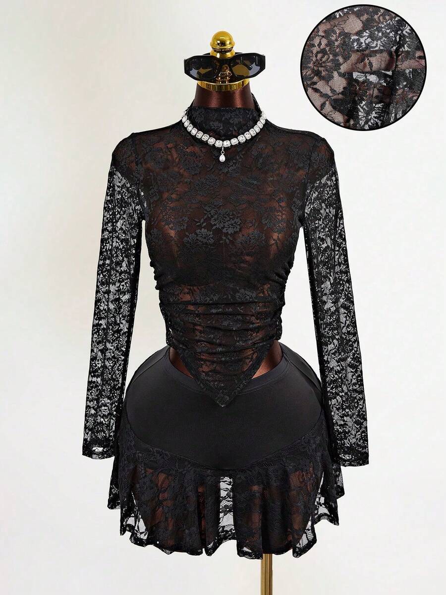 Mistrie Women's Summer Lace Slim Fit Irregular Hem Long Sleeved Round Neck See Through Sexy Black T-Shirt, Women's Summer Black Lace Skin Friendly Breathable Material, Side Seam Pleated Design, Irregular Hem Design. Women's Summer Top, Black Thin And Refreshing Lace Black Top, Women's Summer Matching,Beach For Women - Black - View 1