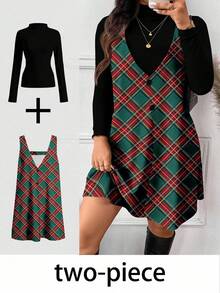 SHEIN Frenchy Plus Size Casual Solid Color Long Sleeve Top & Plaid Sleeveless Dress 2-Piece Set, Autumn/Winter Checkered Dress Women Clothes Plaid Dress Women - Multicolor - View 1