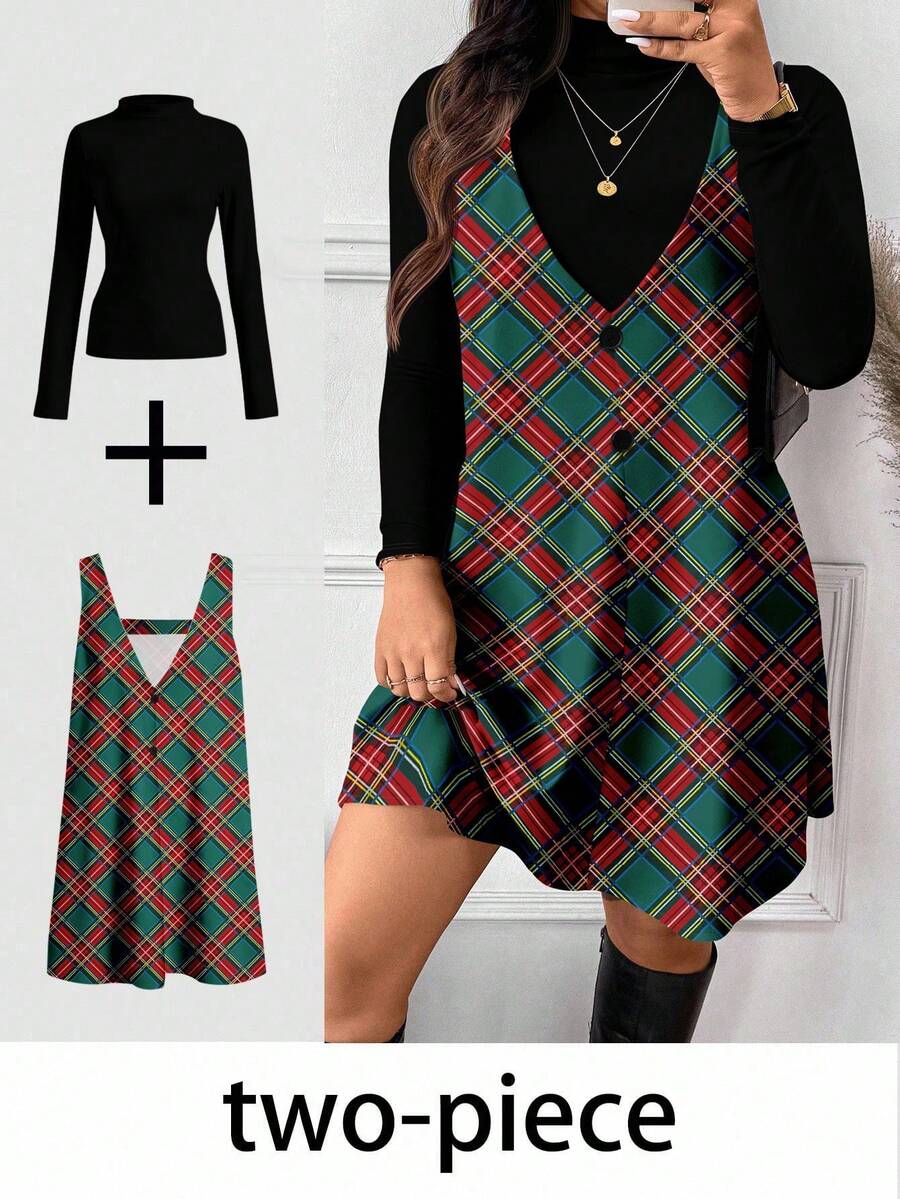 SHEIN Frenchy Plus Size Casual Solid Color Long Sleeve Top & Plaid Sleeveless Dress 2-Piece Set, Autumn/Winter Checkered Dress Women Clothes Plaid Dress Women - Multicolor - View 1