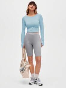 Gameset SHEIN Sport Women's Light Blue Long Sleeve Active Top,Crisscross Cut-Out Open Back Workout Shirt,Summer Athleisure Running Fitness Yoga Sports Gym T-Shirt&Tank - Blue - View 3