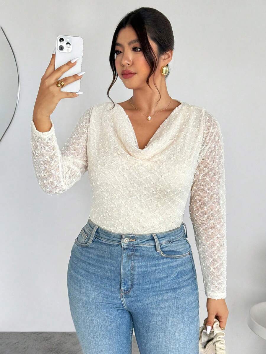 Firerie 大码女式纯色圆领长袖休闲T恤 - 杏色 - 查看 1