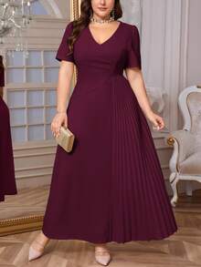 Firerie 大码女式舒适休闲优雅褶皱宽松弹力短袖连衣裙，适合约会、派对、春夏飘逸连衣裙、女士正式礼服 - 紫色 - 查看 3