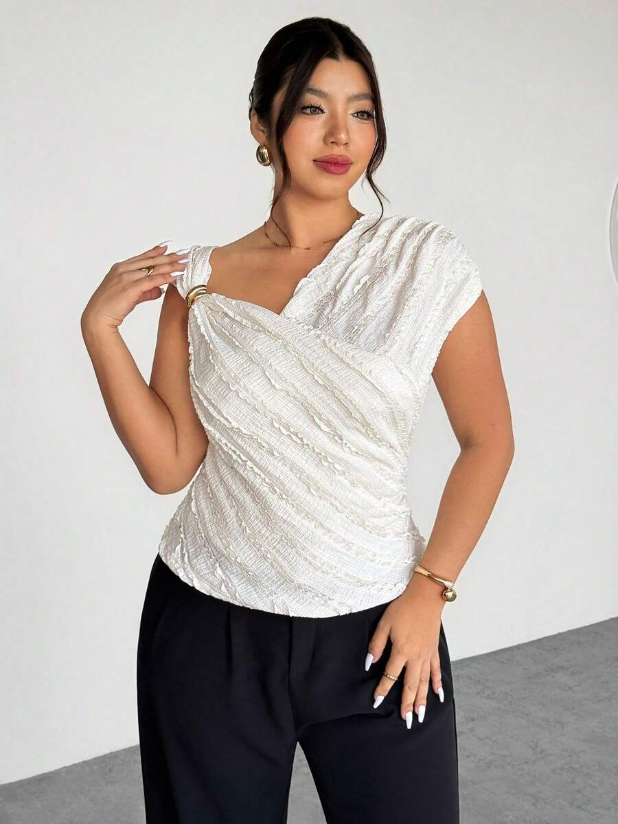SHEIN Privé Plus Size Women Solid Color Frill Trim Asymmetric Neck Fashion T-Shirt White Elegant Top Draped Top Textured White Top Sleeveless Top - Beige - View 1