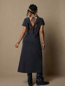 Freevana 大码纯色短袖露背蝴蝶结装饰圆领开衩下摆连衣裙 - 深灰色 - 查看 2