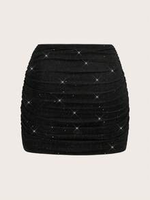 SHEIN Essnce Rok Mini Berkerut Berkilau untuk Pesta Wanita Ukuran Plus, Cocok untuk Konser, Hari Valentine Romantis untuk Wanita - MultiWarna - View 2