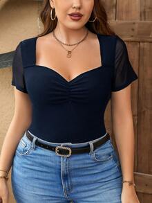 SHEIN Privé Women's Plus Size Plain Navy Blue Sweetheart Ruched Bust Short Sleeve Casual T-Shirt Women Tops Elegant - Navy Blue - View 6