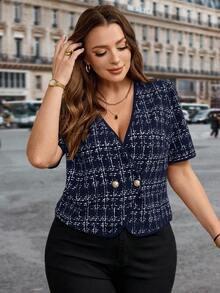 SHEIN Clasi Plus Size Women V-Neck Plaid Button Decor Short Sleeve Jacket - Royal Blue - View 6