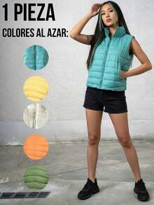 Chaleco corto, afelpado y acolchado para mujer, clásico, casual y elegante, multicolor, tela de poliéster, apto para temporadas de otoño e invierno. Cuello alto, sin mangas. Interior afelpado, cálido, suave y muy cómodo. Ajuste regular con cremallera. Bolsillos frontales funcionales. Te llegará un chaleco en color al azar. - Multicolor - Ver 6