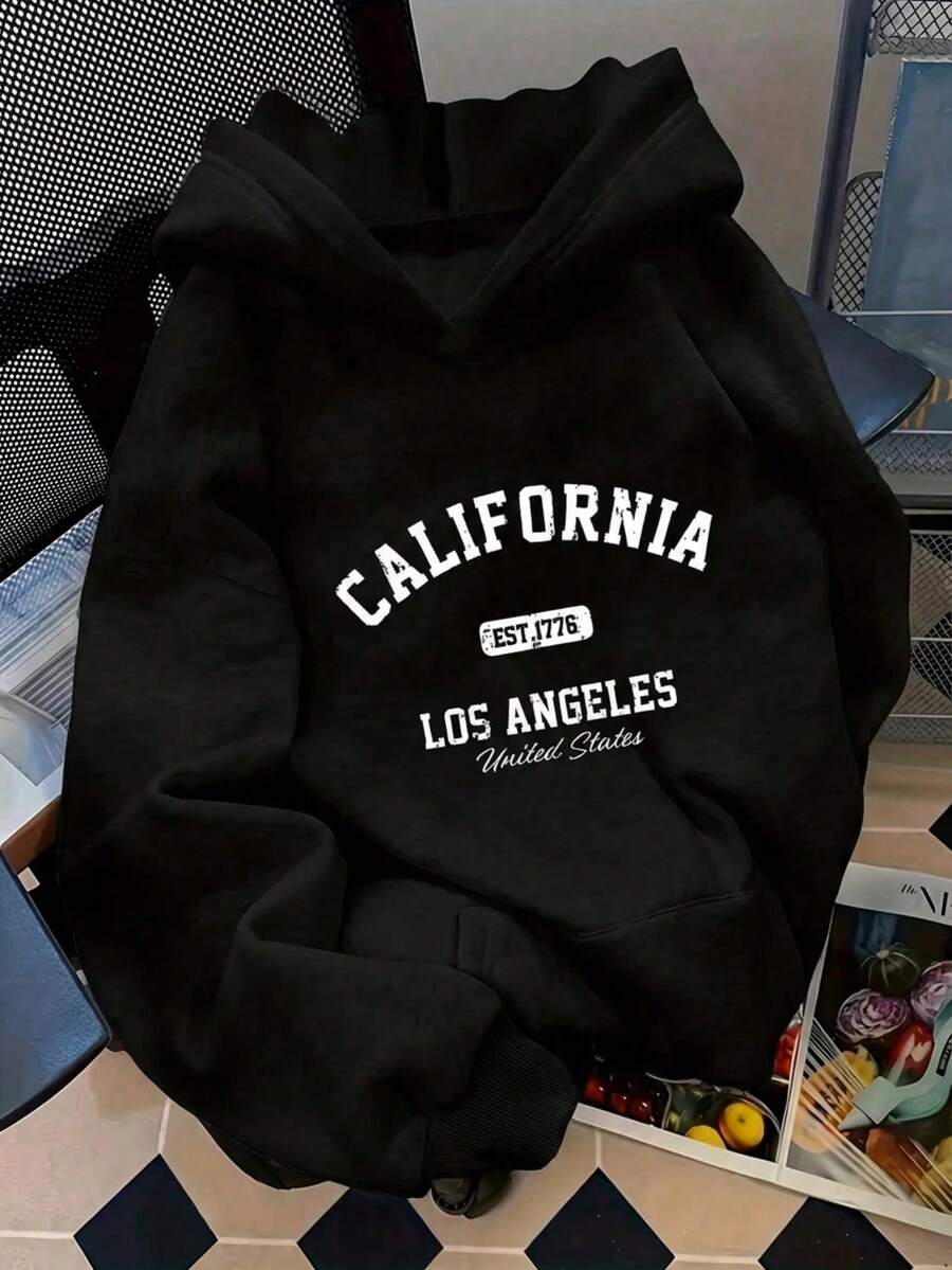 Sudadera hoodie básica mujer dama bolsillo canguro gorro capucha estampado GRAFICO DE CIUDAD CALIFORNIA LOS ANGELES CITY GRAPHIC caliente frío uso diario | buena calidad | Textura Suave Fortiz - Negro - Ver 1