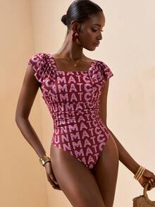 Zivah بدلة سباحة قطعة واحدة ذات أكمام مكشكشة أنيقة جديدة، ذات قاعدة حمراء مع طباعة حرفية، مناسبة للشاطئ والحمام والحفلات - بني - مشاهدة 6