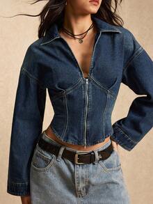 Easelle 女士纯色复古落肩长袖修身拉链牛仔上衣 - 深色水洗藍 - 查看 3