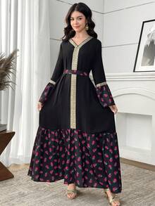SHEIN Black Autumn Elegant Party Teen Girls Gold Ribbon Collar Floral Print Flare Sleeve Belted Dress,Dignified National Day Abaya Arabic Modest Dresses - Black - View 7
