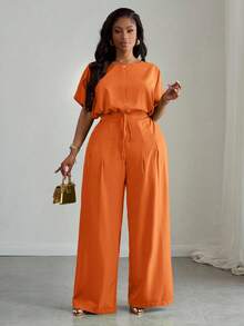 Slaydiva Bộ đồ 2 mảnh màu xanh lá cây dáng rộng, thanh lịch, phù hợp cho đi làm, dự tiệc, đi club và hoạt động ngoài trời dành cho nữ, gồm áo crop top và quần ống rộng có túi, vai rớt, dây rút, size A - Trang phục mùa hè - trái cam - Xem 6