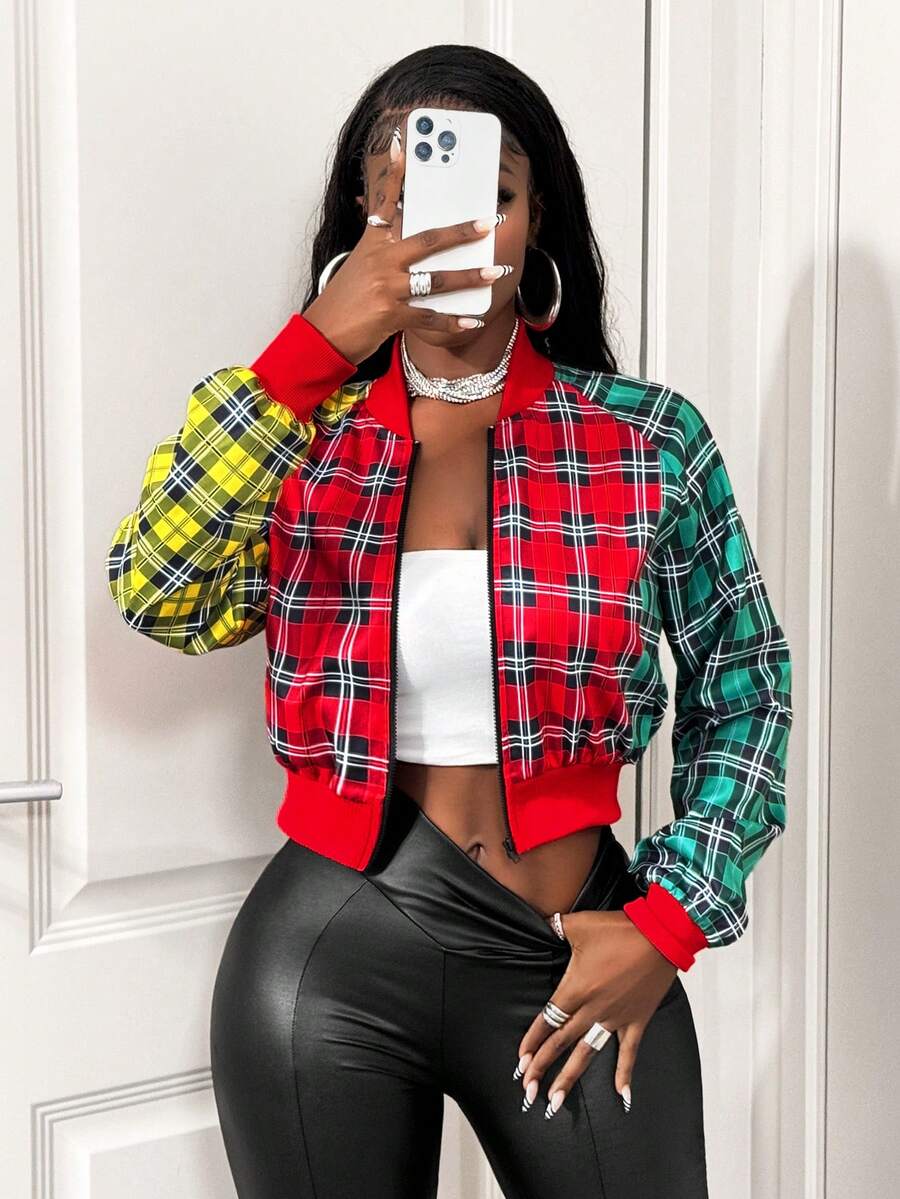 BamGleam 女士格子撞色拉链棒球领休闲百搭度假长袖外套 - 彩色 - 查看 1