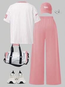 Sparklyn 2件套休闲时尚少女数字图案V领短袖上衣和阔腿运动裤套装 - 粉色 - 查看 2