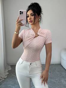 SHEIN Elenzya Textured Fabric Metal Buckle Collar Splice Elegant Women T-Shirt - Pink - View 6