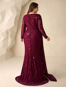 Coutiva Đầm dạ hội cỡ lớn mùa thu đông thanh lịch với ren, đính sequin và thêu, cổ áo bất đối xứng (gia công tỉ mỉ), tay dài, thiết kế xếp ly ở gấu váy, dáng đuôi cá, thích hợp cho tiệc tối trang trọng, dự đám cưới, dạ hội, lễ tốt nghiệp, lễ nhập học. - Màu Đỏ Sâu - Xem 3