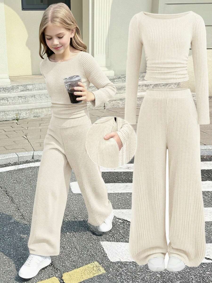 Serisse Kids 少女秋冬休闲时尚百搭罗纹露肩/露肩两用T恤套装，带口袋，搭配直筒裤，适合周末、休闲外出、返校季穿着。 - 杏色 - 查看 1