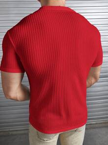 HIMLAND 男士休闲纯色纹理短袖衬衫 - 紅色 - 查看 2