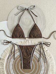 Swim Vcay Solid Color Triangle Wireless Bra Halter Neck Shell Decor Ruffle Trim Top And Side Tie Swim Bottoms Women Beach Vacation Swimwear Set, Spring/Summer Boho Bikini Set - Coffee Brown - View 1