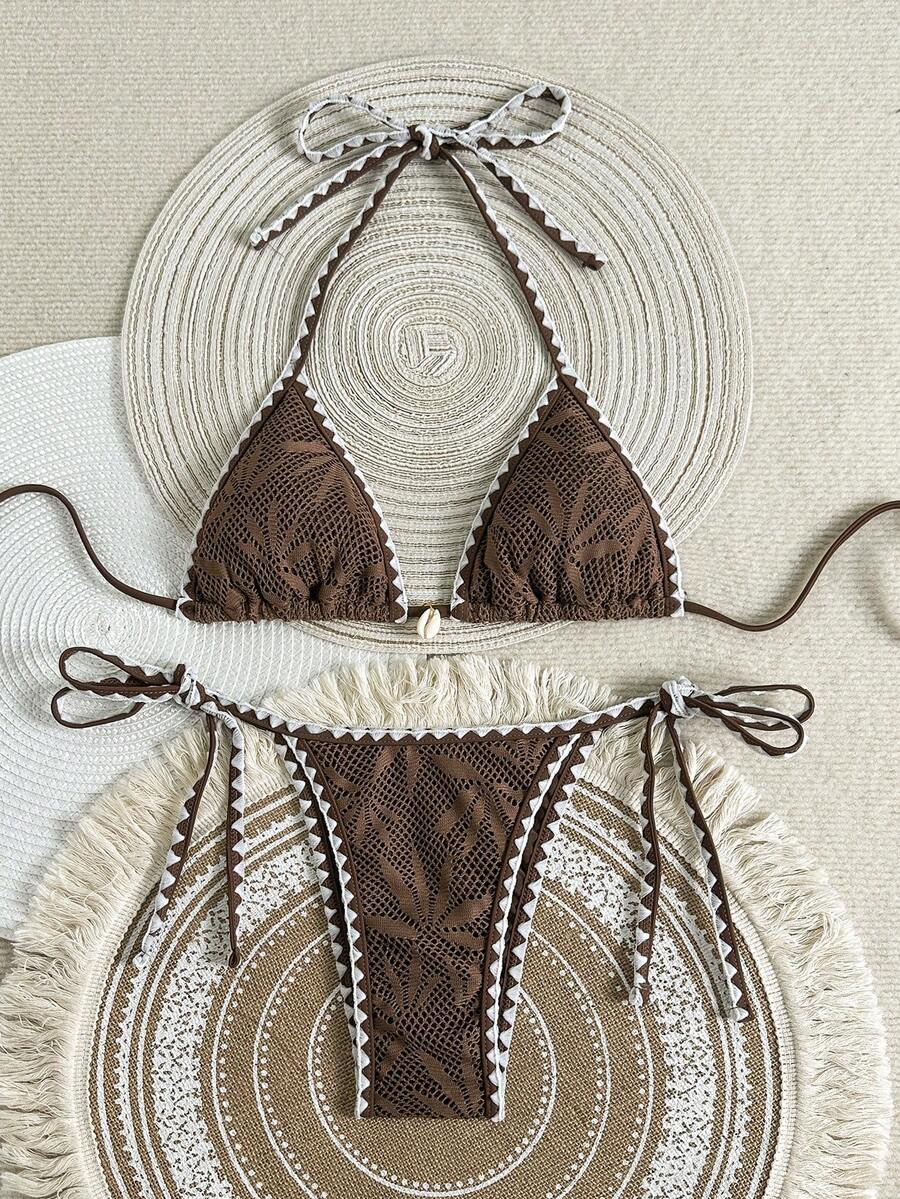 Swim Vcay Solid Color Triangle Wireless Bra Halter Neck Shell Decor Ruffle Trim Top And Side Tie Swim Bottoms Women Beach Vacation Swimwear Set, Spring/Summer Boho Bikini Set - Coffee Brown - View 1